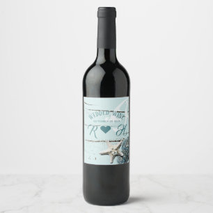 tropical beach aqua blue seashell starfish wedding wine label