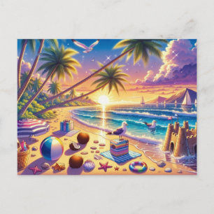 Tropical Beach at Sunset Painting Postcard