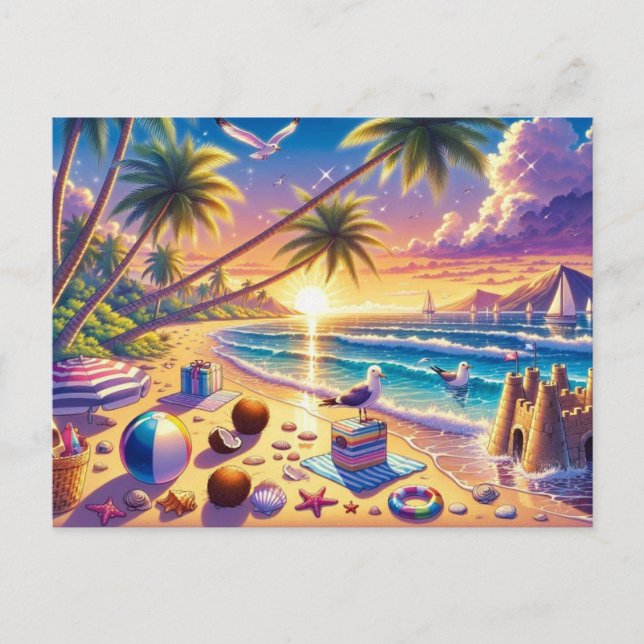Tropical Beach at Sunset Painting Postcard (Front)