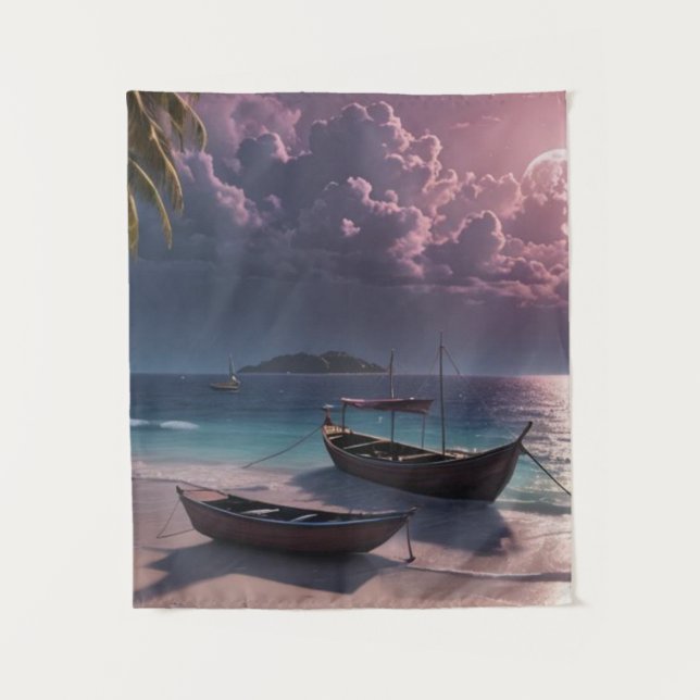 Tropical Beach at Sunset Tapestry (Front)