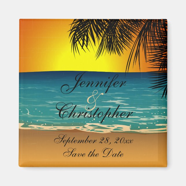 Tropical Beach at Sunset Wedding Save the Date Magnet (Front)