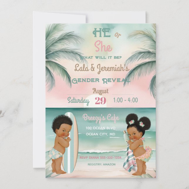 Tropical Beach Baby Gender Reveal Blush Sage Invitation (Front)