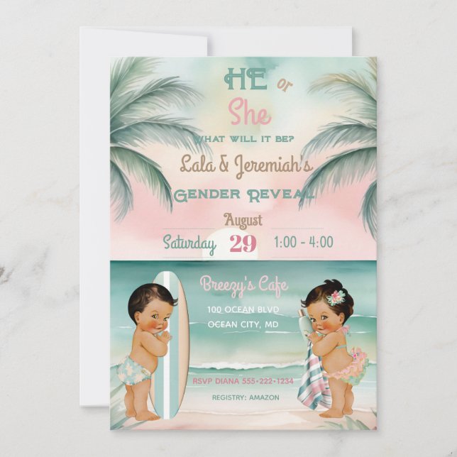 Tropical Beach Baby Gender Reveal Blush Sage Invitation (Front)