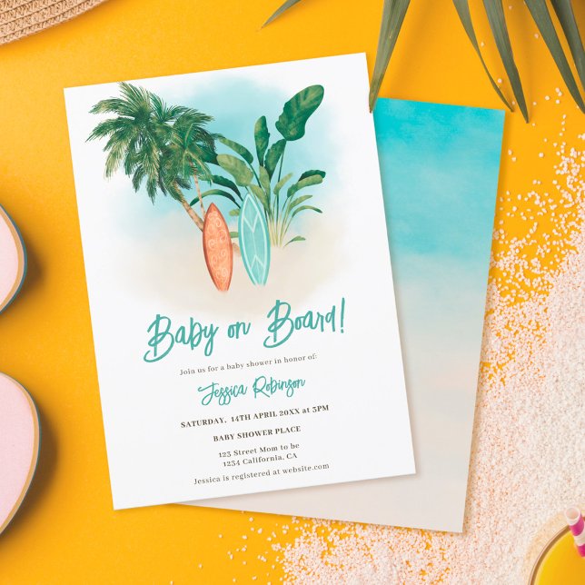 Tropical beach Baby on board surf baby shower Invitation (Creator Uploaded)