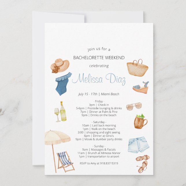 Tropical Beach Bachelorette Weekend Itinerary  Invitation (Front)