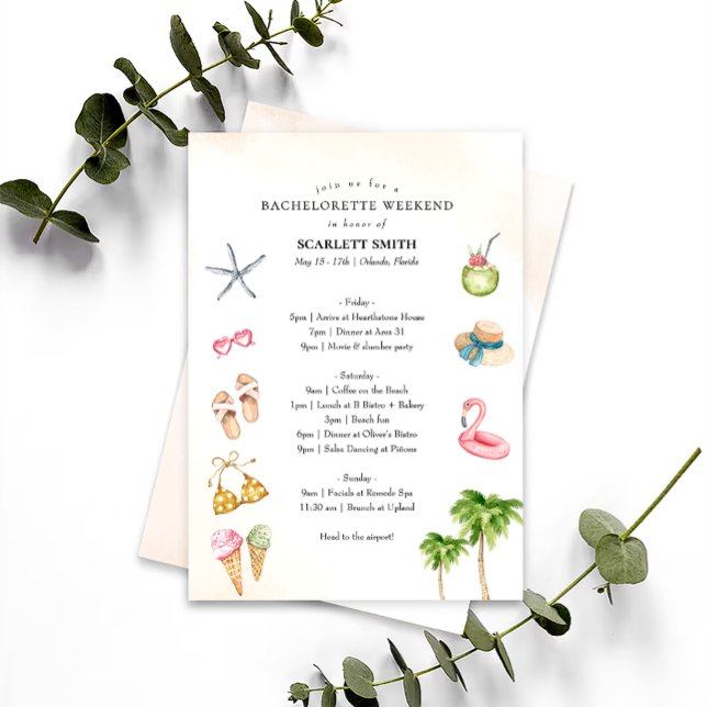 Tropical Beach Bachelorette Weekend Itinerary Invitation (Creator Uploaded)