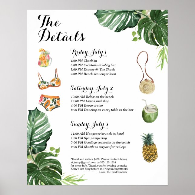 Tropical Beach Bachelorette Weekend Itinerary  Poster (Front)
