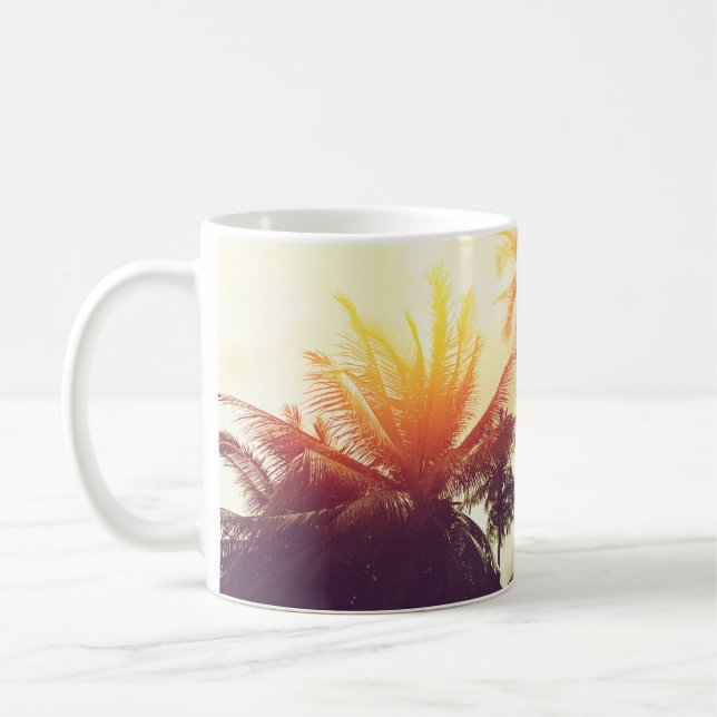 Tropical beach background with palm trees silhouet coffee mug (Left)