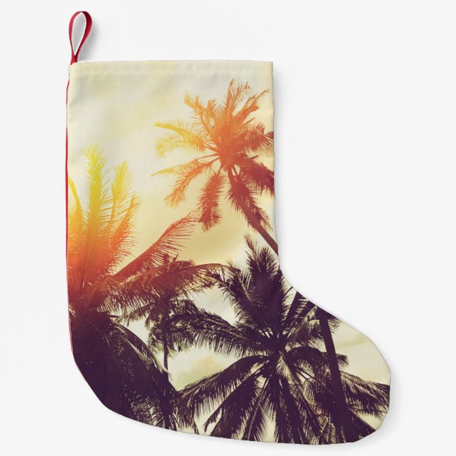 Tropical beach background with palm trees silhouet small christmas stocking (Front)