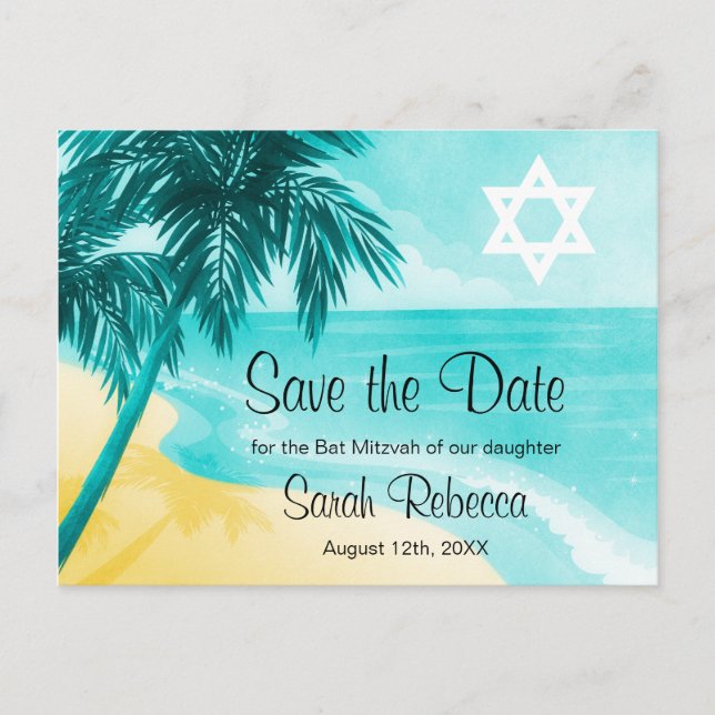 Tropical Beach Bat Mitzvah Save the Date Announcement Postcard (Front)