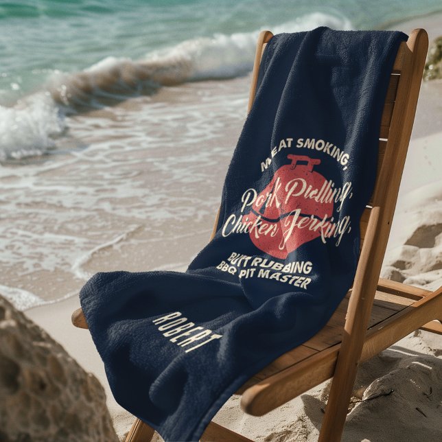 Tropical Beach BBQ Pit Master Dad Custom Beach Towel (Navy Blue BBQ Fun Gag Beach Towel)