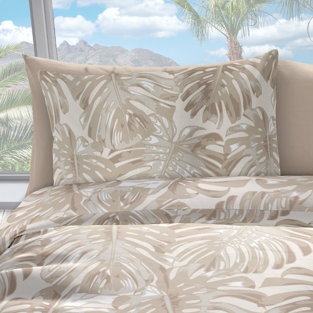 Tropical Beach Beige Palm Leaves Pillowcase (Beige palm leaf printed pillowcase)