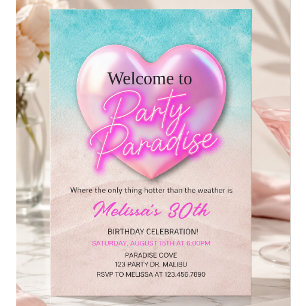 Tropical Beach Birthday   Party Paradise   Neon Invitation