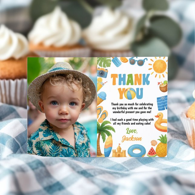 Tropical Beach Birthday Summer Party Photo Thank You Card (Creator Uploaded)