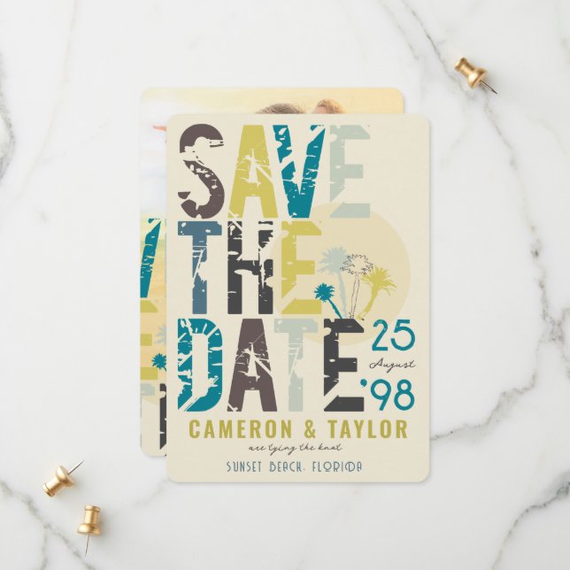 Tropical Beach Blue Palm Trees Grunge Text Photo Save The Date (Front/Back In Situ)