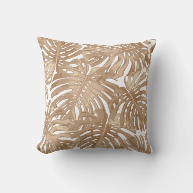 Tropical Beach Boho Brown White Palm Leaves Cushion (Front)