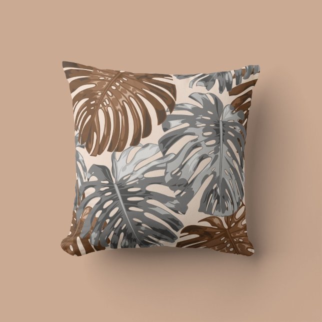 Tropical Beach Brown Grey Jungle Leaves Boho Cushion (Creator Uploaded)