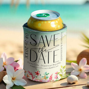 Tropical Beach Calligraphy Wedding Save The Date Can Cooler