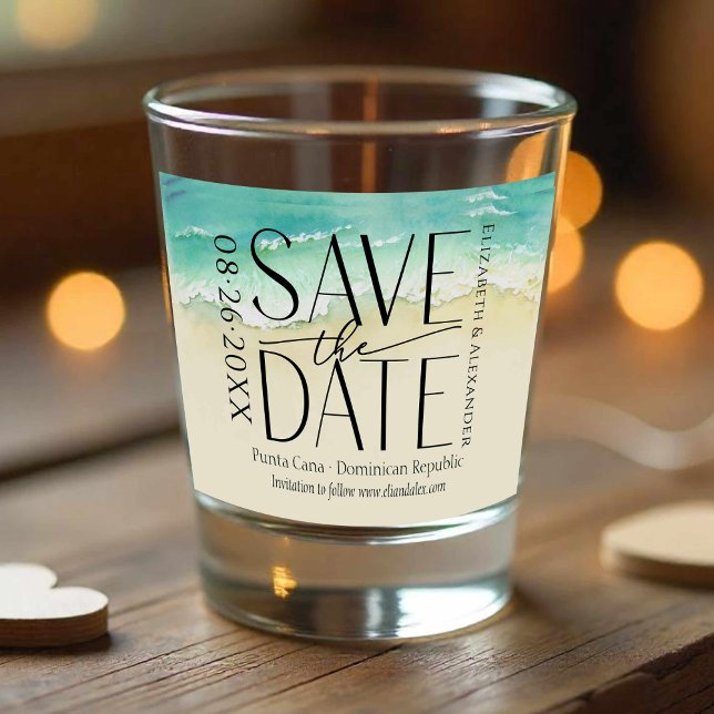 Tropical Beach Calligraphy Wedding Save The Date Shot Glass (Creator Uploaded)