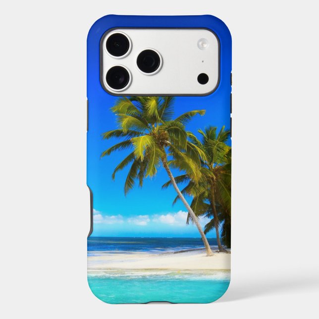 Tropical Beach Case-Mate iPhone Case (A phone case featuring a vibrant beach scene. The case is predominantly blue around the edges.)