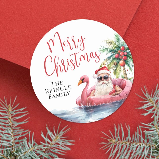 Tropical Beach Christmas Classic Round Sticker (Beach Christmas In July Classic Round Sticker)