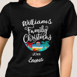 Tropical beach Christmas family typology Tri-Blend Shirt<br><div class="desc">This design is a personalised tropical-themed family Christmas t-shirt. It features a circular illustration with a beach scene that includes palm trees, sand, ocean waves, and a Christmas ornament. The text above the illustration reads the family name (“Williams” in the example), followed by “Family Christmas” in a festive, calligraphy font....</div>