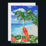 Tropical Beach Christmas Holiday Card<br><div class="desc">Happy Holidays from the warm sandy beaches of your favourite tropical island beach. Palm tree decorated with Christmas ornaments and lights,  with a retro surfboard leaning against the Christmas tree.</div>