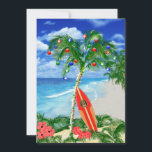 Tropical Beach Christmas Holiday Card<br><div class="desc">Happy Holidays from the warm sandy beaches of your favourite tropical island beach. Palm tree decorated with Christmas ornaments and lights,  with a retro surfboard leaning against the Christmas tree.</div>