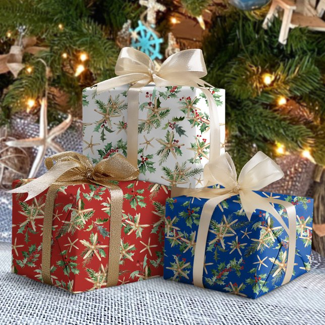 Tropical Beach Christmas Starfish and Holly Wrapping Paper Sheet (Creator Uploaded)