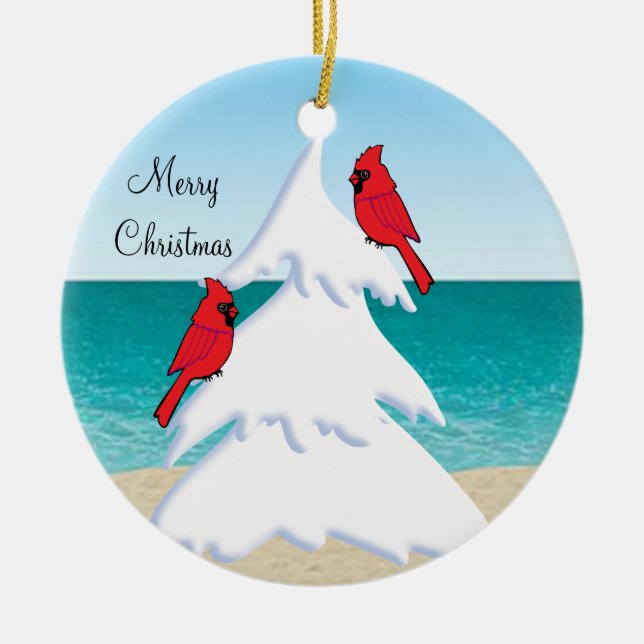 Tropical Beach Christmas Tree Red Cardinals Ceramic Tree Decoration (Front)