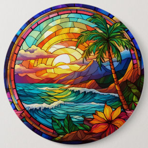 tropical beach cliffs stained glass art 6 cm round badge