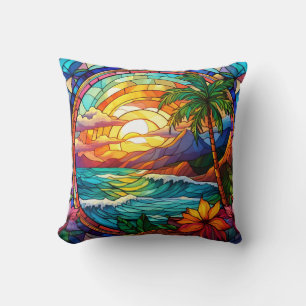 tropical beach cliffs stained glass art cushion