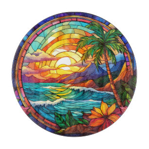 tropical beach cliffs stained glass art cutting board