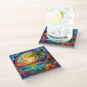 tropical beach cliffs stained glass art glass coaster