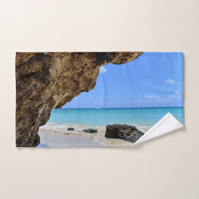 Tropical Beach Coast with a Big Rock Hand Towel (Hand Towel)