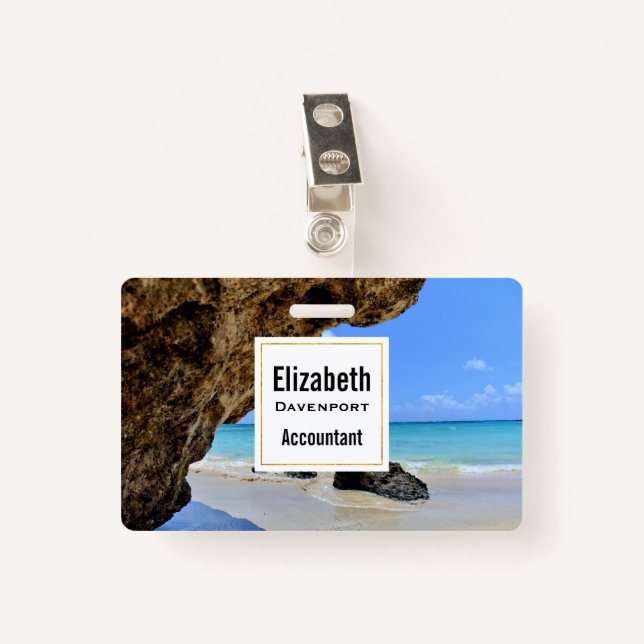 Tropical Beach Coast with a Big Rock ID Badge (Front with Clip)