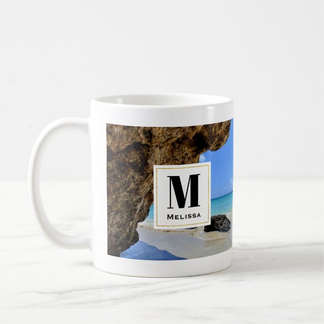 Tropical Beach Coast with a Big Rock Monogram Coffee Mug (Left)