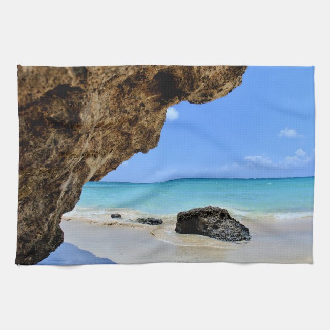 Tropical Beach Coast with a Big Rock Tea Towel (Horizontal)