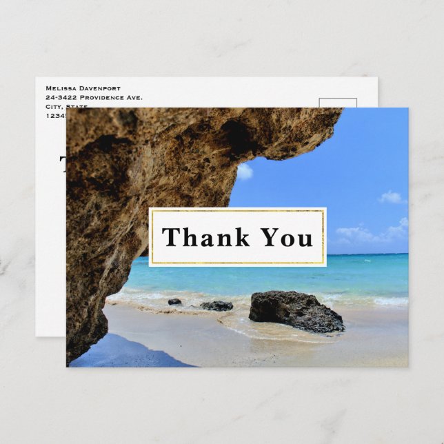 Tropical Beach Coast with a Big Rock Thank You Postcard (Front/Back)
