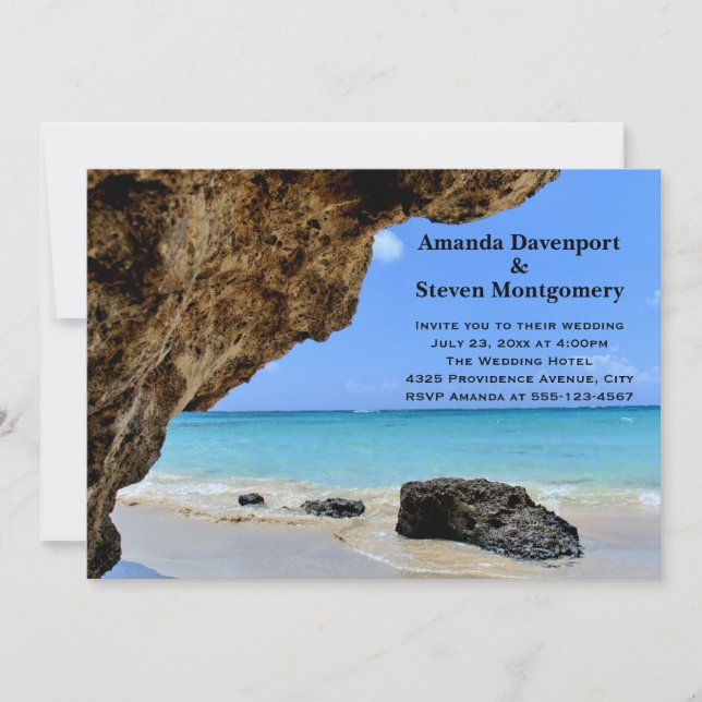 Tropical Beach Coast with a Big Rock Wedding Invitation (Front)