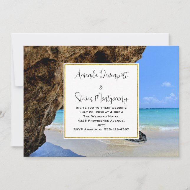 Tropical Beach Coast with a Big Rock Wedding Invitation (Front)