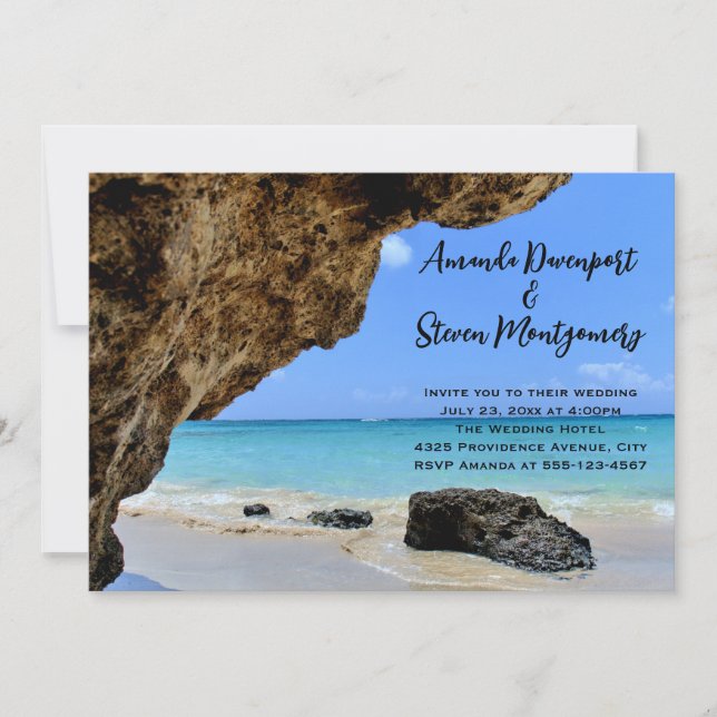Tropical Beach Coast with a Big Rock Wedding Invitation (Front)
