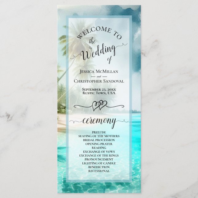Tropical Beach Coastal Palm Trees Elegant Wedding Programme (Front)