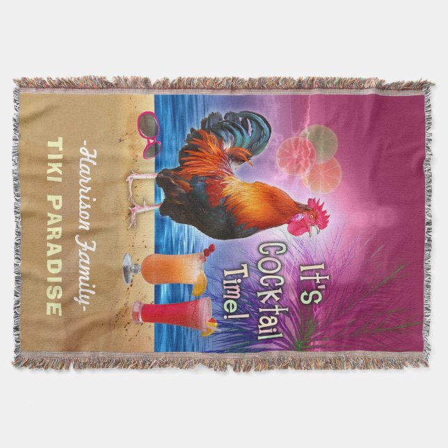 Tropical Beach Cocktail Bar Funny Rooster Chicken Throw Blanket (Front)