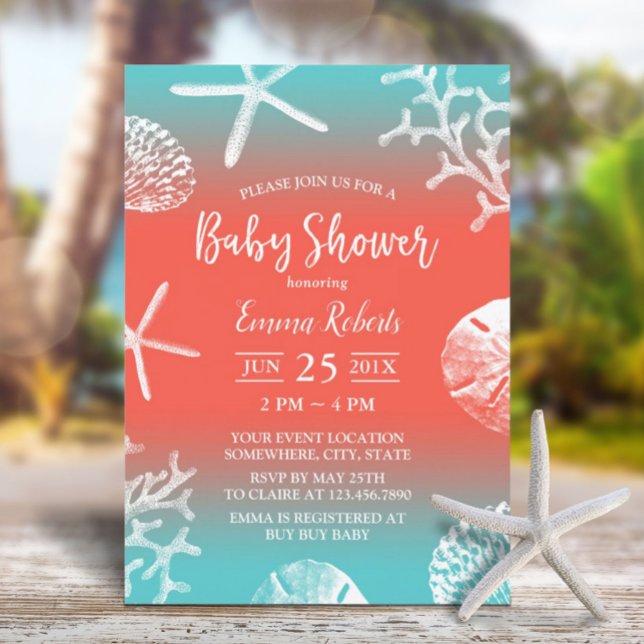 Tropical Beach Coral Reef Teal & Red Baby Shower Invitation (Creator Uploaded)