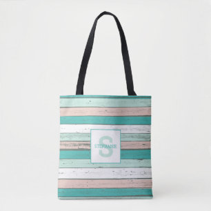 Tropical Beach Cottage Rustic Wood Monogram Tote Bag