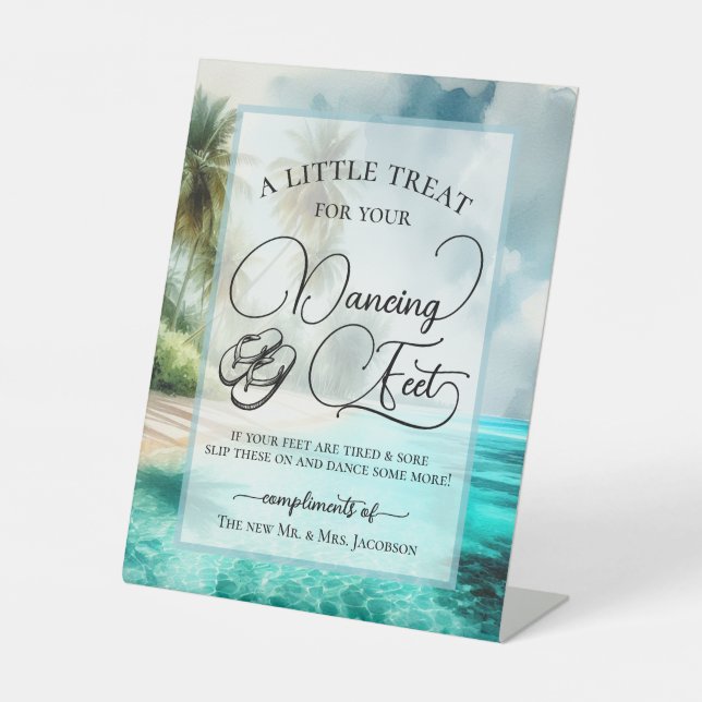 Tropical Beach Dancing Feet Flip Flop Wedding  Pedestal Sign (Front)