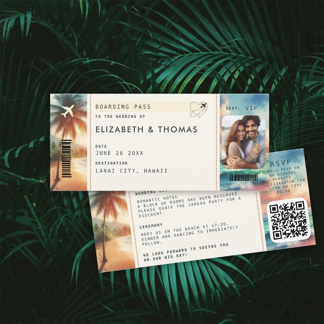 Tropical Beach Destination Boarding Pass Wedding Invitation (beach destination wedding invitation boarding pass qr code all in one tropical watercolor sunset)