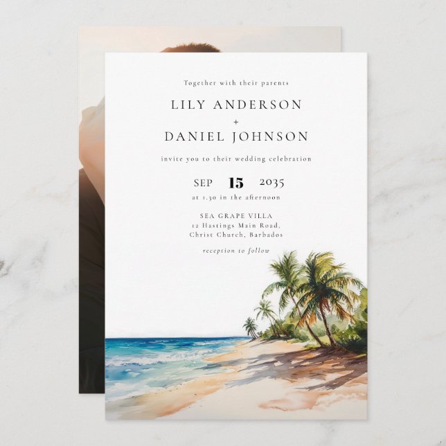 Tropical Beach Destination Photo Wedding Invitation (Front/Back)