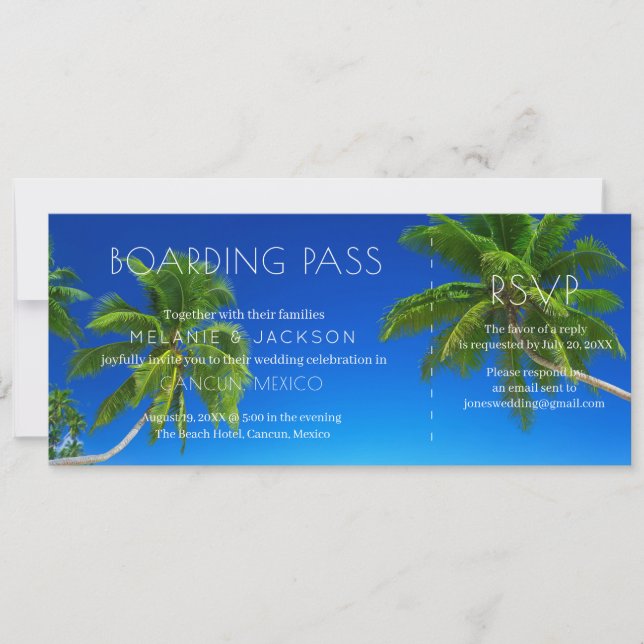 Tropical Beach Destination Wedding Boarding Pass Invitation (Front)